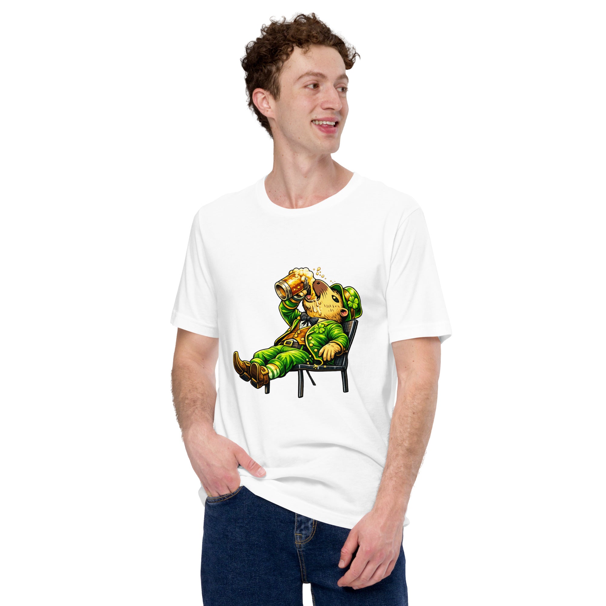 Male model wearing a white t-shirt featuring a 'Born to Drink Lucky' design with a Brazilian Capybara dressed as a Leprechaun holding a beer mug, available in Kelly green, Athletic Heather, and Black Heather.