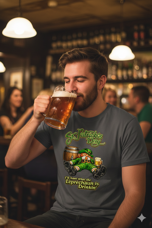 Man in a cozy pub setting wearing a dark grey t-shirt with a funny St. Patrick's Day design featuring a relaxed leprechaun leaning on a beer barrel with the quote 'I'll have what the Leprechaun is Drinkin'.