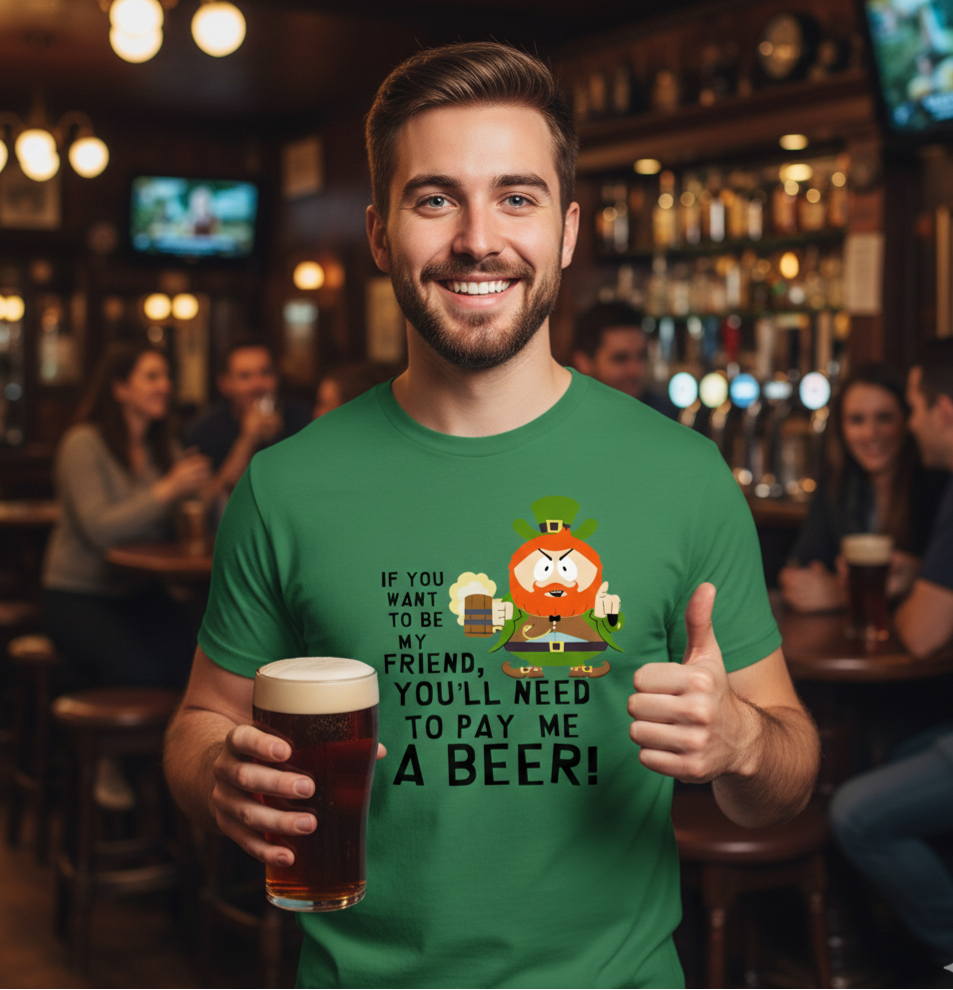 Smiling man in a pub wearing a green t-shirt with a leprechaun cartoon and the funny quote 'If you want to be my friend, you'll need to pay me a beer', perfect for St. Patrick's Day and beer lovers.