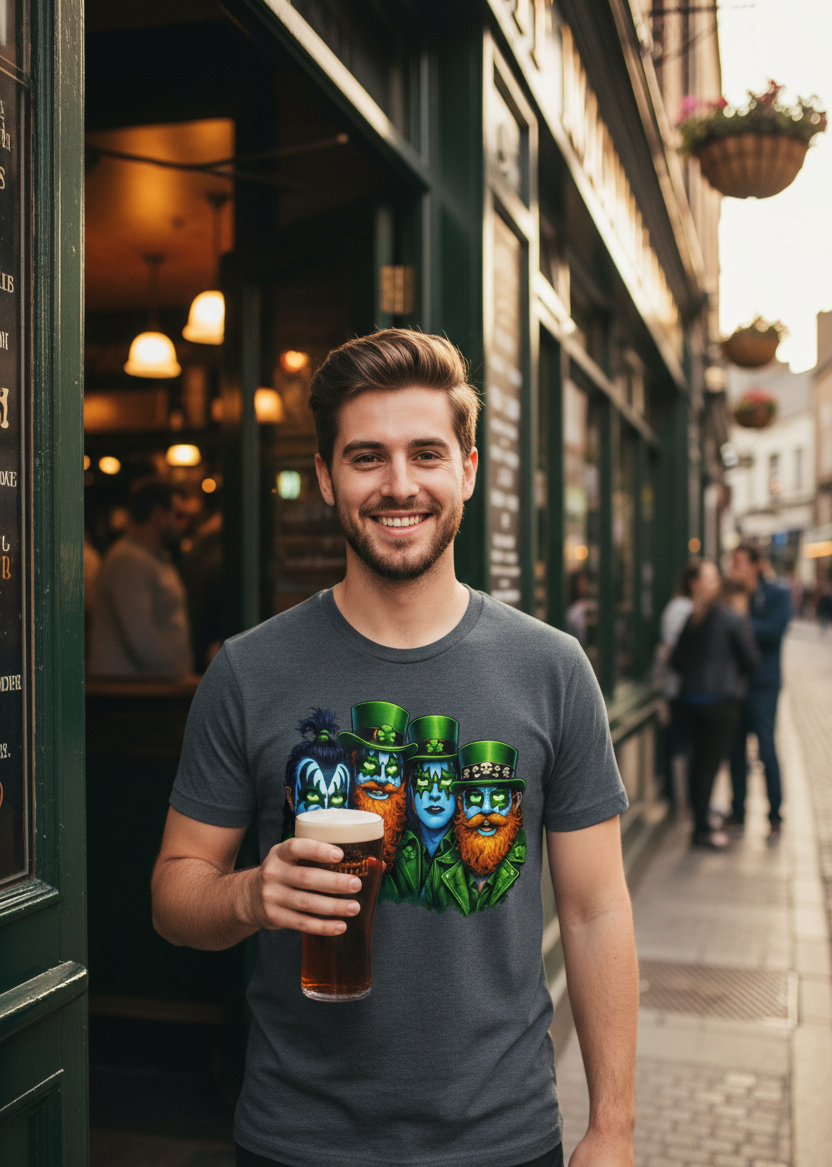 Man in a pub setting wearing a grey t-shirt with a KISS rock band parody featuring four leprechauns with band face paint, holding beer mugs and celebrating St. Patrick's Day.