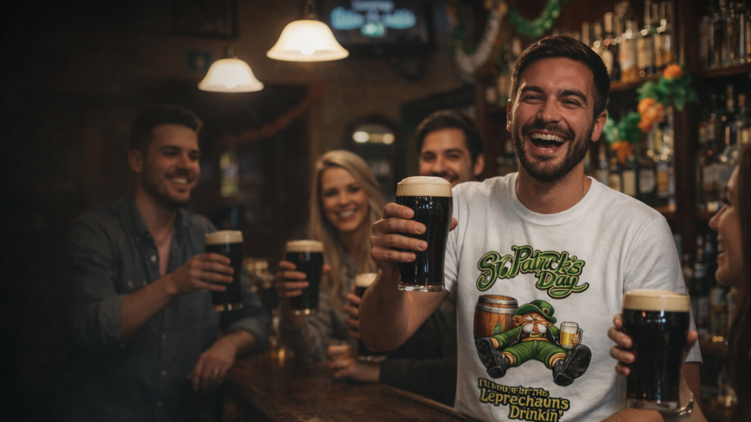 "Man wearing a LepBeer St. Patrick's Day white t-shirt holding a dark beer in a pub setting with friends."