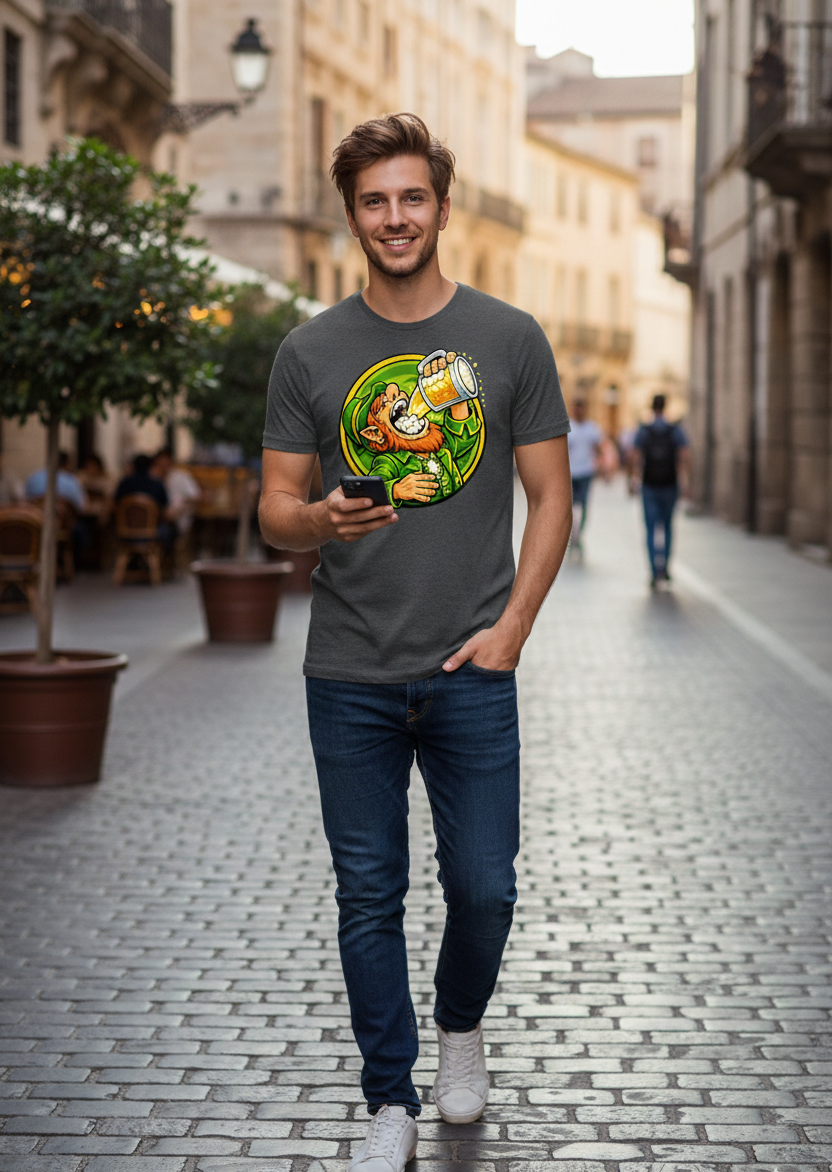 Man walking on a sunny street wearing a charcoal grey t-shirt with a circular badge design featuring a leprechaun drinking a beer, perfect for casual pub outings and St. Patrick's Day.