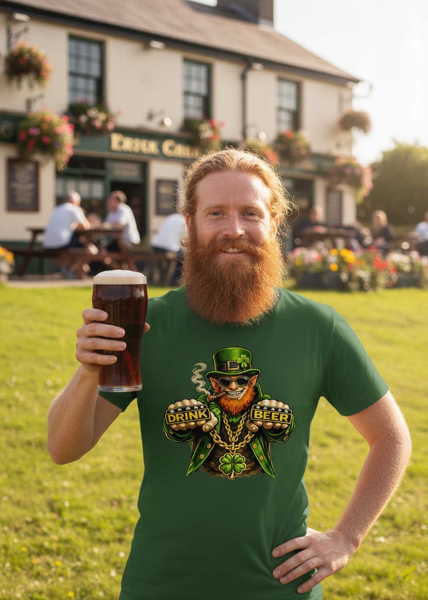 Bearded man wearing a black heather t-shirt with a vintage 'The Leprechaun' gangster parody design, featuring a character in a green suit and hat with a cigar, styled as a classic mafia boss.
