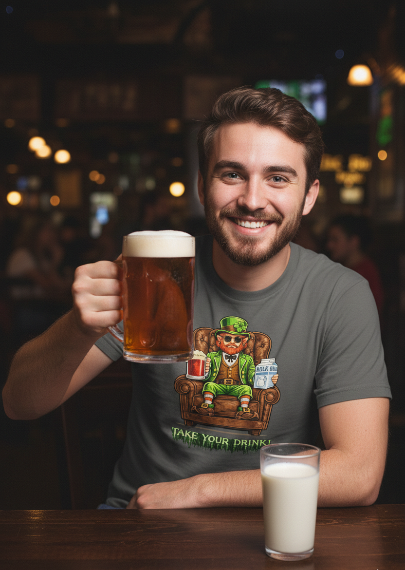Man in a bar wearing a grey t-shirt with a Matrix parody featuring a Leprechaun as Morpheus sitting in a red leather chair, offering a choice between a beer mug and a glass of milk.