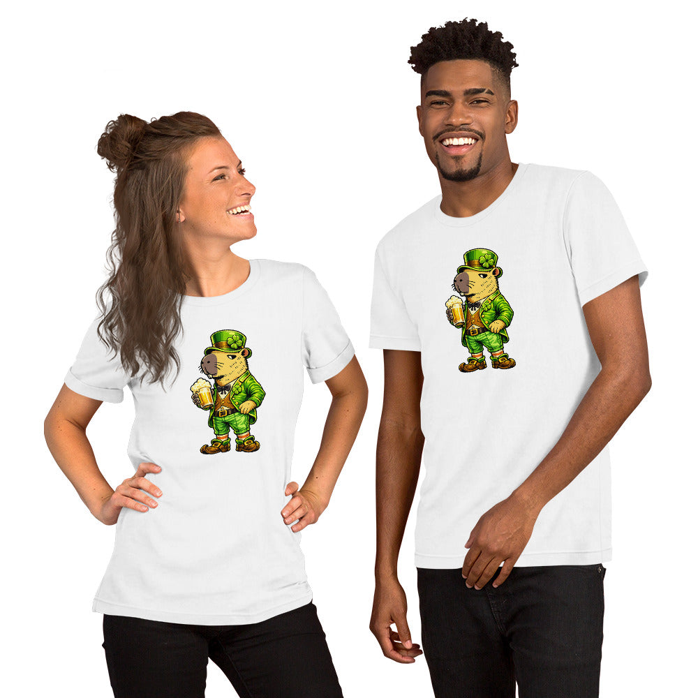 Happy couple wearing white t-shirts with a funny Brazilian Capybara dressed as a Leprechaun holding a beer, perfect for St. Patrick's Day humor.
