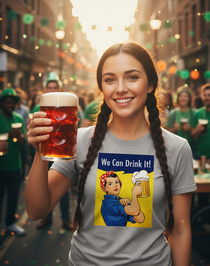 Woman wearing a grey t-shirt with a vintage 'We Can Drink It' Rosie the Riveter parody holding a beer at a St. Patrick's Day celebration.