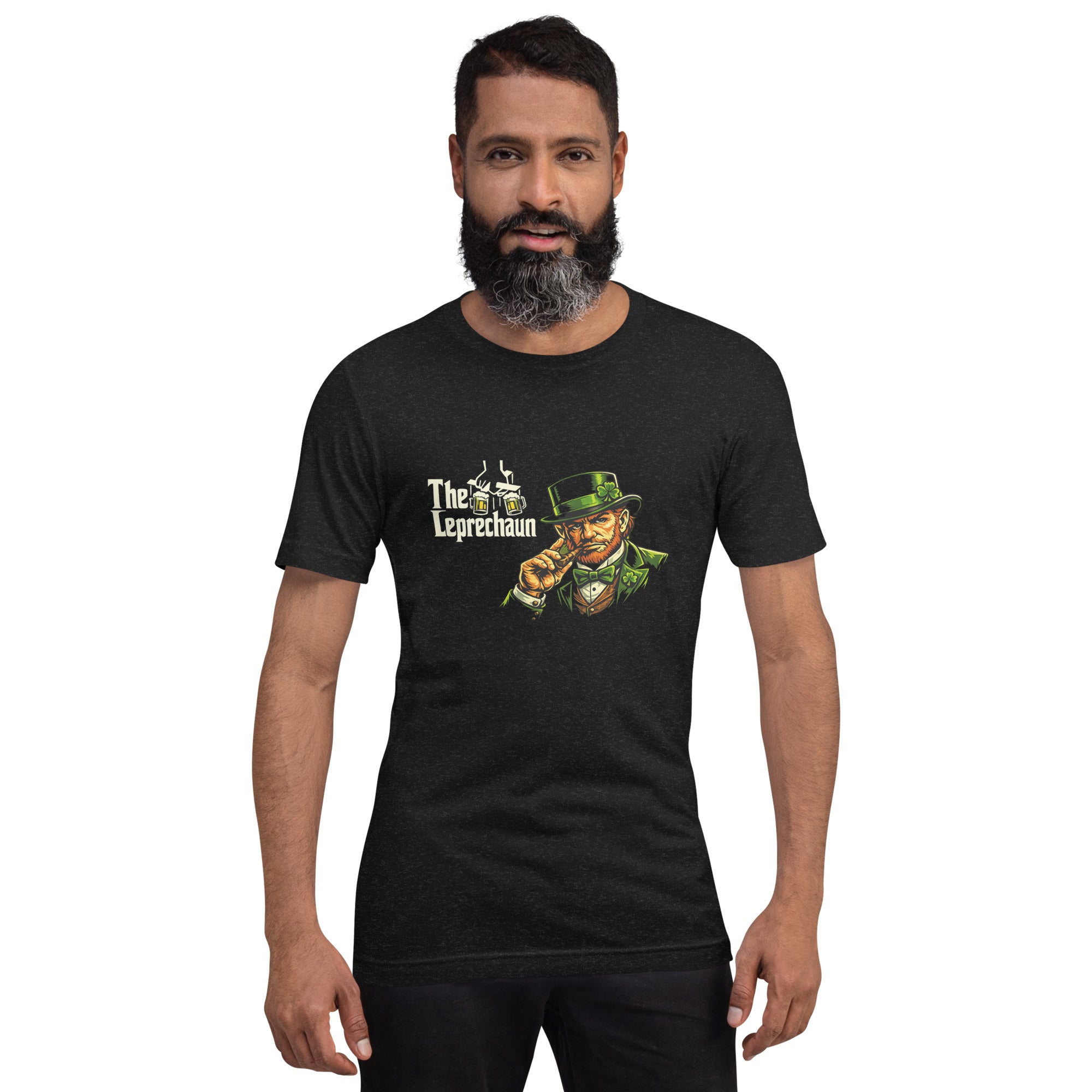 Bearded man wearing a black heather t-shirt with a vintage 'The Leprechaun' film parody, featuring a leprechaun in a tuxedo and green top hat, styled after the classic 'The Godfather' movie poster.