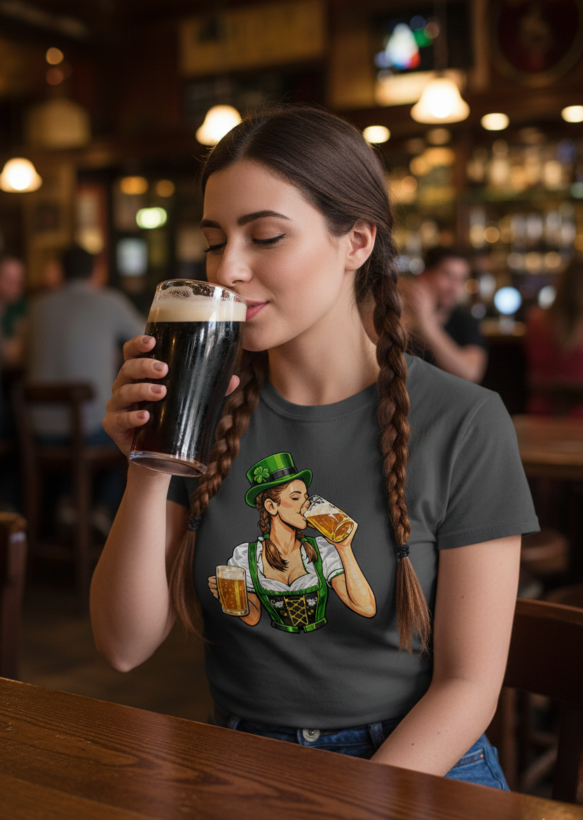 Young woman with braided hair in a pub setting, wearing a grey t-shirt with a vintage 'Beer Girl' illustration of a woman in traditional Bavarian dress drinking from a large beer mug.