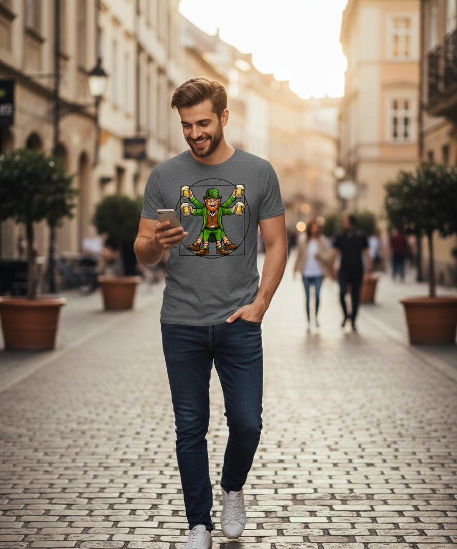 Man walking on a European street wearing a grey t-shirt with a Da Vinci Vitruvian Man parody featuring a Leprechaun holding four beer mugs, a creative blend of classical art and Irish beer culture.